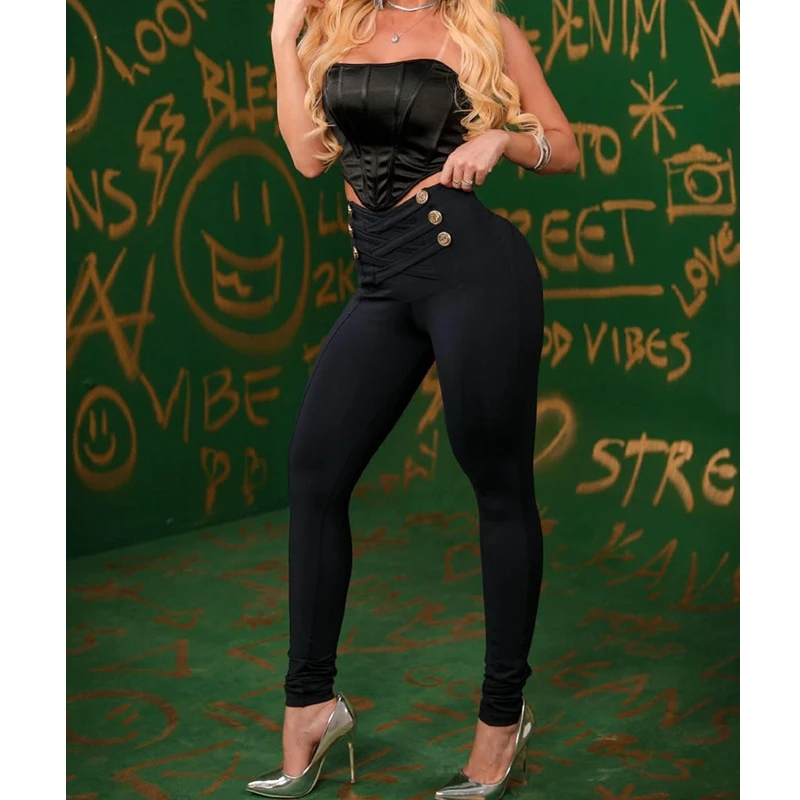 

Women Pants Trousers Spring Autumn Slim Double-Breasted Stitching Pants Women High Waist Solid Bandage Stretch Pencil Pants