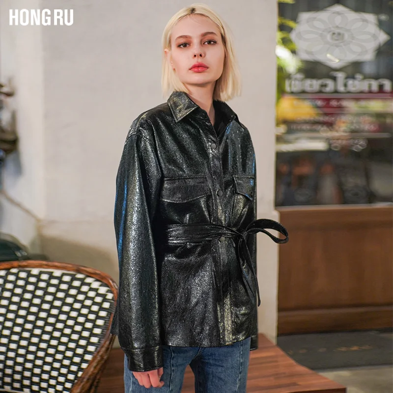 

crack Burst Fashion pattern brand PU leather jacket new female loose motorcycle outerwear was thin pu jacket wq1233 dropship