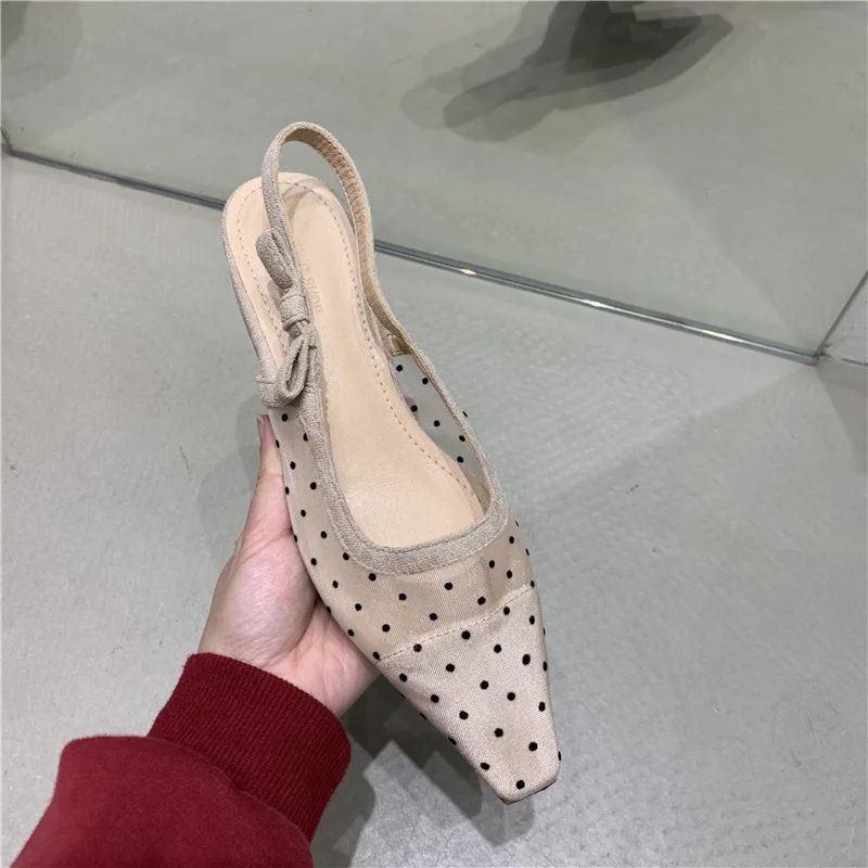 French Fairy Mesh Polka-dot Low-heeled Shoes 2022 Spring and Summer New Bow Sandals Women's Shoes Loafers Women Sandals