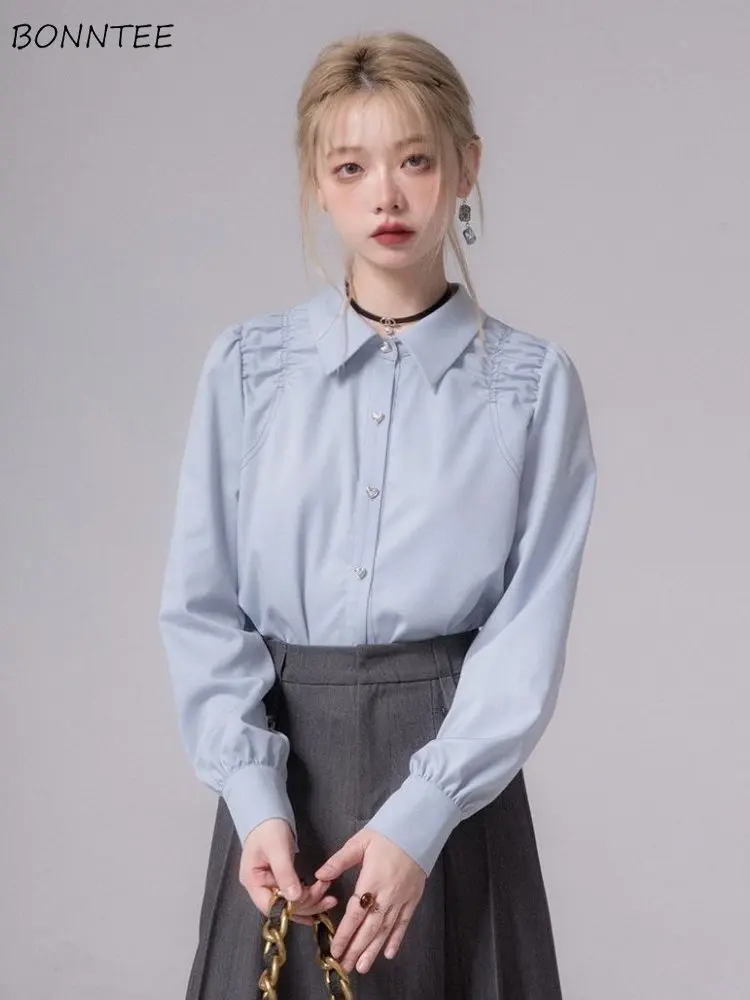 

Women Shirts Daily Elegant Fashion Simple Solid Basics Korean Style Spring Folds Students Design All-match Casual Stylish Tender
