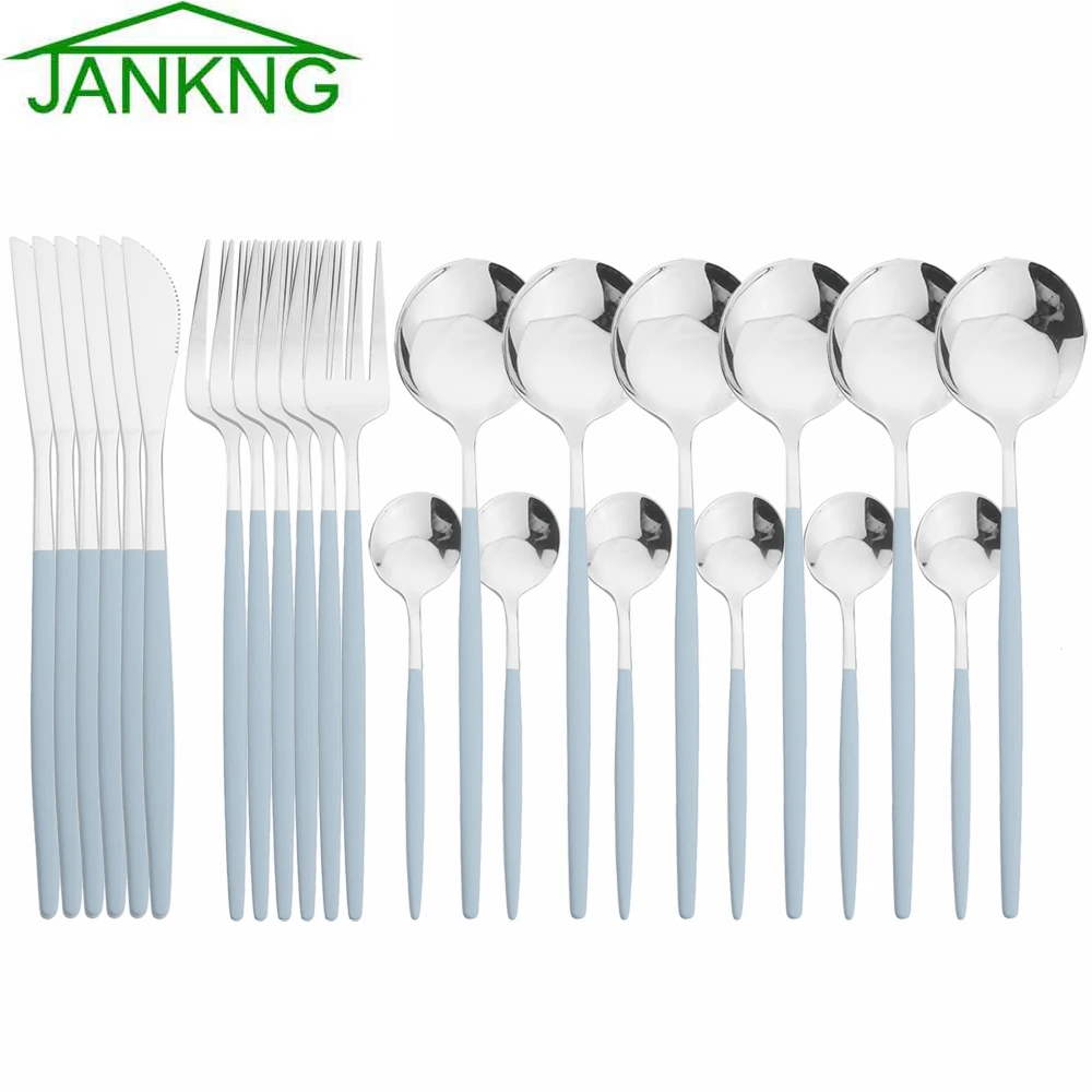 JANKNG New 24Pcs Blue Silver Cutlery Set Stainless Steel Dinnerware Tableware Fork Knife Spoon Flatware Kitchen Silverware