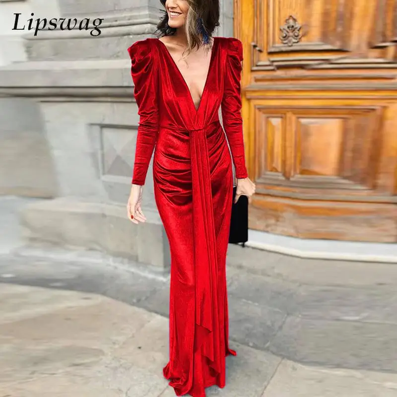 

Fashion Puff Shoulder Draped Party Dress Sexy Deep V Neck Women Evning Long Dress Ladies Elegant Long Sleeve Velvet Maxi Dresses