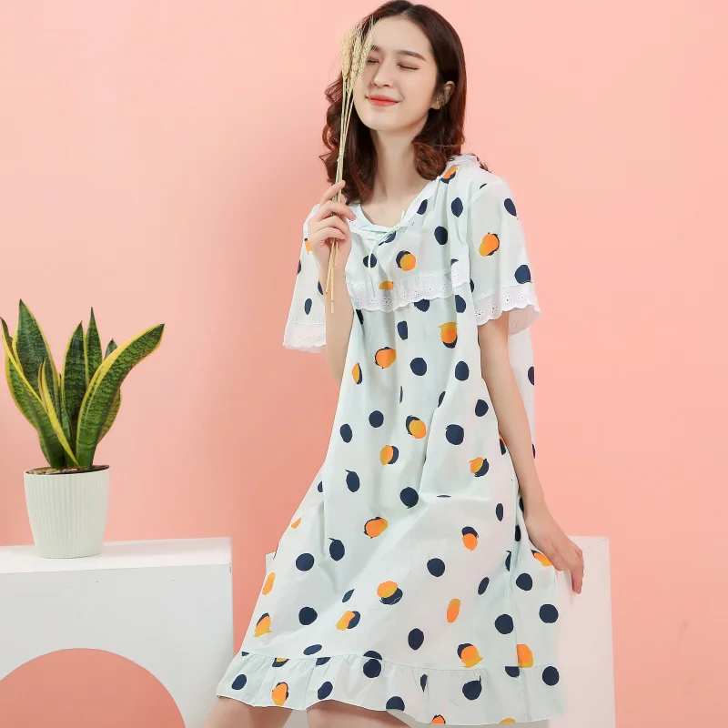 Summer Casual Loose Ruffle Long Nightgown Women 2021 Print Sexy Sleepdress Cartoon Lace Homewear Short Sleeve O-neck Sleepshirts