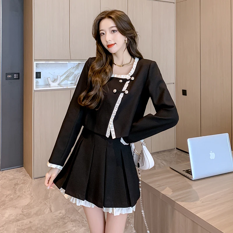 

French Ruffles Small Fragrance Two Piece Set For Women 2023 New Temperament Long Sleeve Coat+ High Waist Pleated Skirt Suits