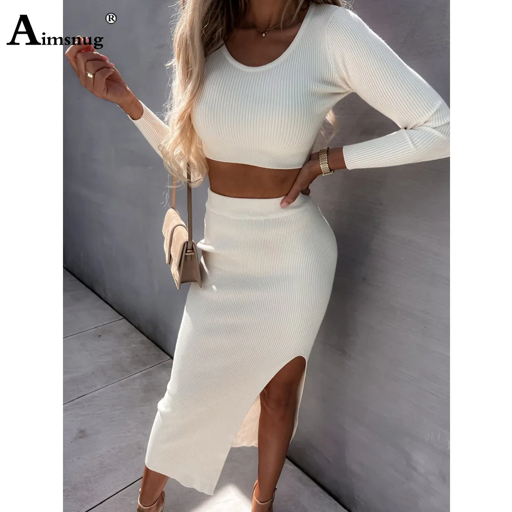 

Aimsnug 2022 Winter Casual Knitted Tracksuit Sets Womens Two-Piece Outfits Female Long Sleeve Crop Top Women High Cut Skirts Set