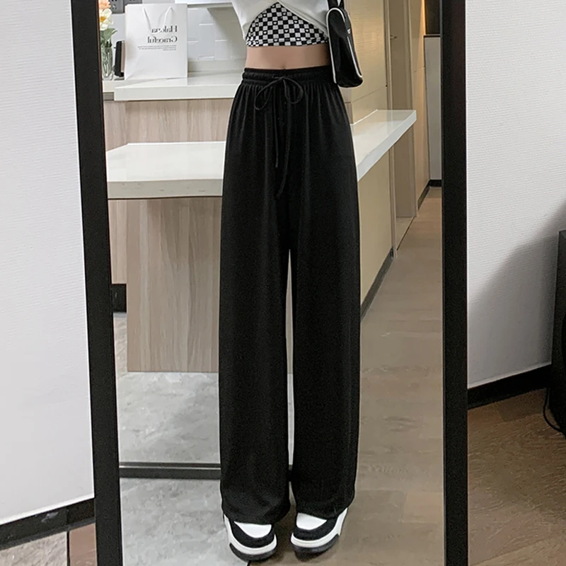 

Брюки женские с широкими штанинами, однотонные прямые свободные штаны в Корейском стиле, на шнуровке, с завышенной талией, черные, весна-лето 2023