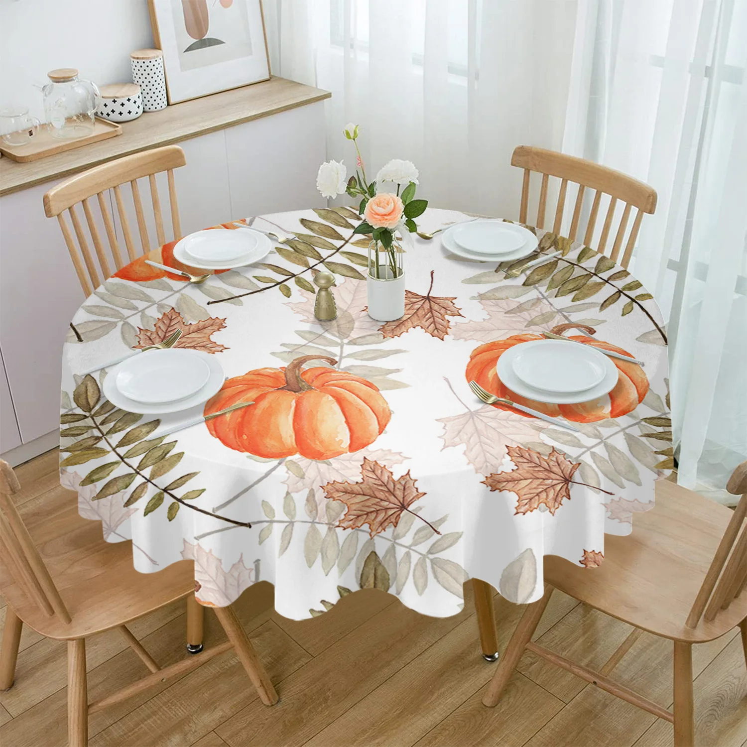 

Autumn Thanksgiving Pumpkins Leaves Round Tablecloth Party Kitchen Dinner Table Cover Holiday Decor Waterproof Tablecloths