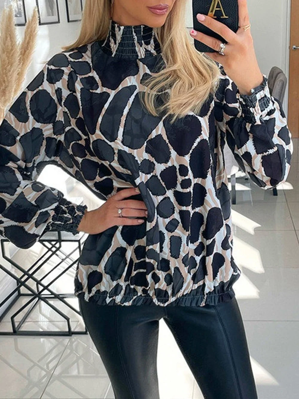 

Spring Summer Plus Size Pullover Blouses Women Fashion Loose Leopard Print Round Neck Long-sleeved Blouse Women