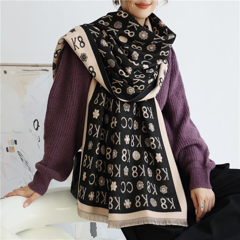 

Winter Cashmere Scarf Women Print Letter Thick Pashmina Warm Blanke Shawl Wrap New Travel Decorate Foulard Popular 2022 Echarpe