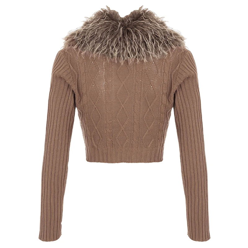 HEYounGIRL Y2K коричневый укороченный свитер на пуговицах со съемным меховым