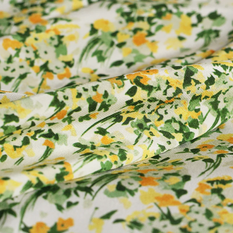 

Mulberry Silk Stretch Crepe De Chine Fabric Fashion Georgette Yellow and Green Floral Print Soft Women's Clothing Cloth Material