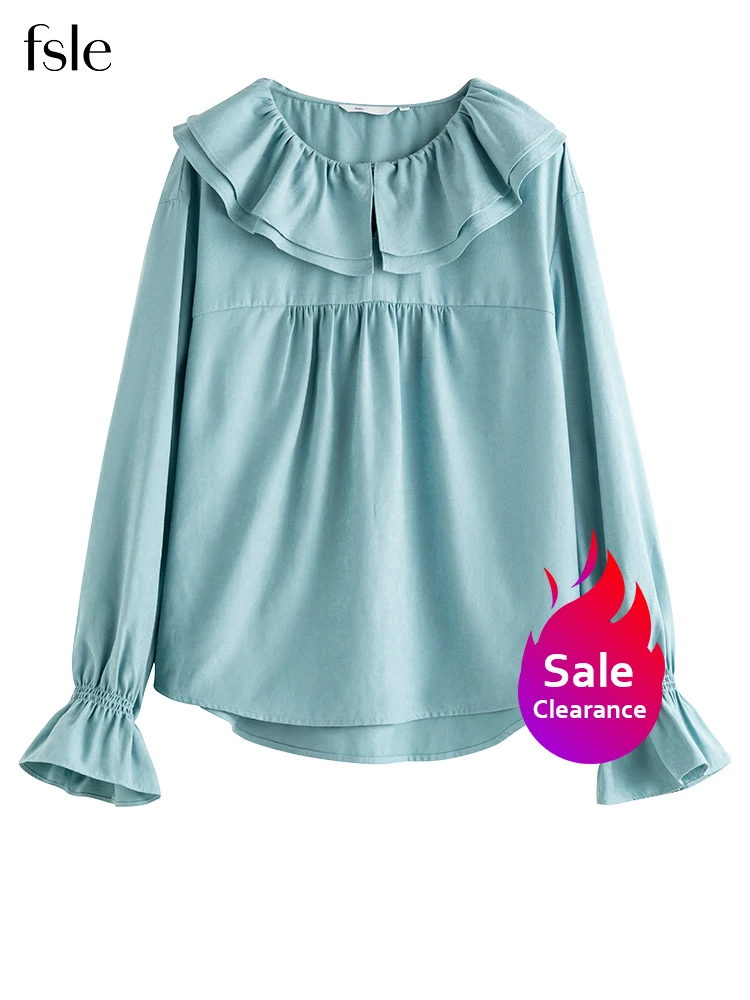 

FSLE 【Clearance Sale】Lotus Leaf Collar Solid Sweet Shirt Women Temperament Gentle Wind Lantern Sleeve Office Lady Top Blouses