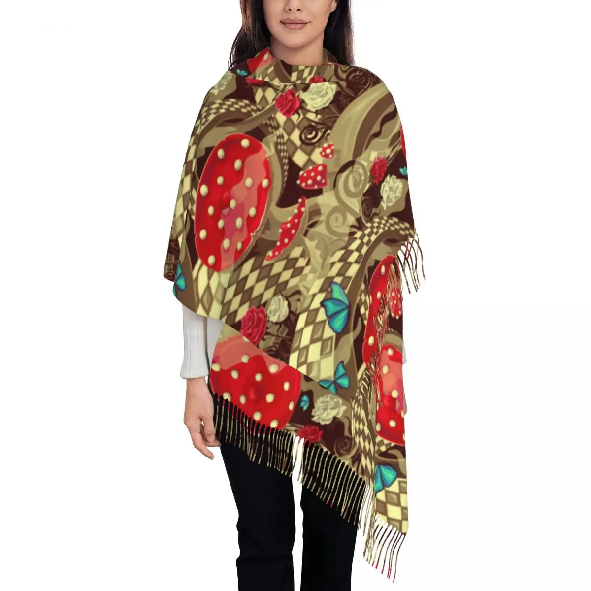 

Winter Scarf Women Thin Warm Shawl Wrap Wonderland With Roses Mushrooms Butterflies Tassel Lady Blanket Echarpe Bufanda Hijab