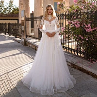 garden long sleeves tulle wedding dress princess lace appliques v neck illusion backless with button bridal gown custom made