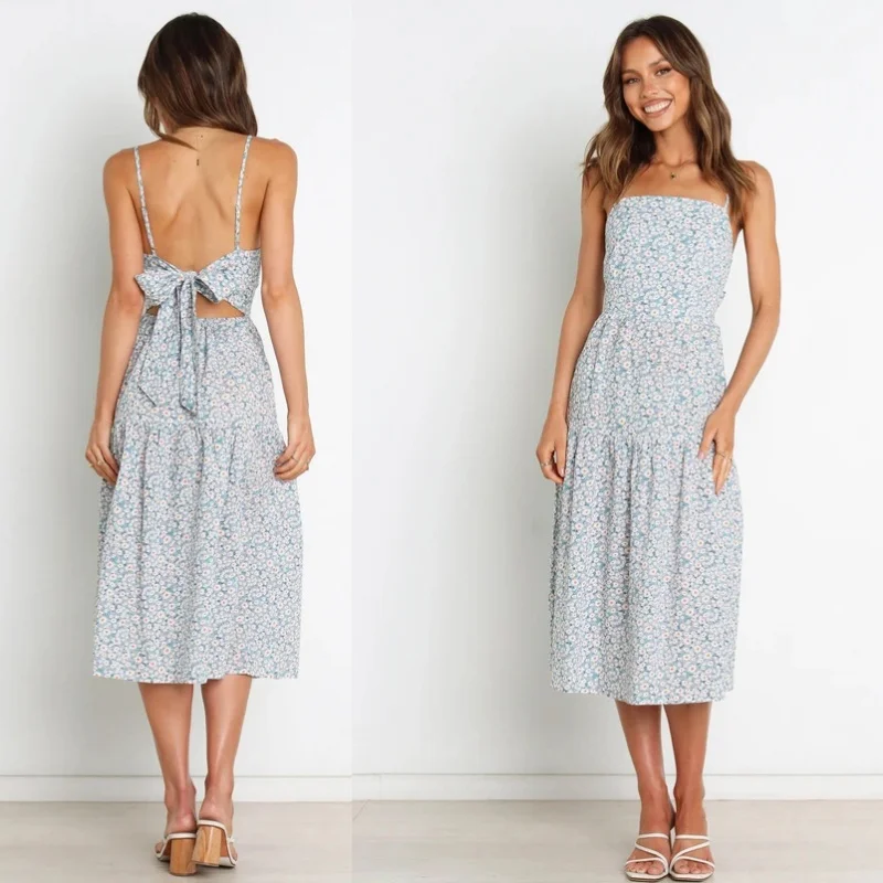 

AliExpress2022Summer New Hot Sale Spaghetti-Strap Floral Print Mid-Length Dress