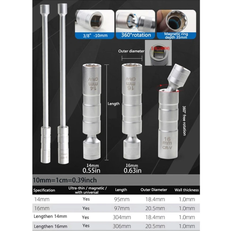 

Thin Wall Spark Plug Socket Universal Joint 3/8-Inch Square Drive Universal Joint Extension 14/16mm Removal Tool