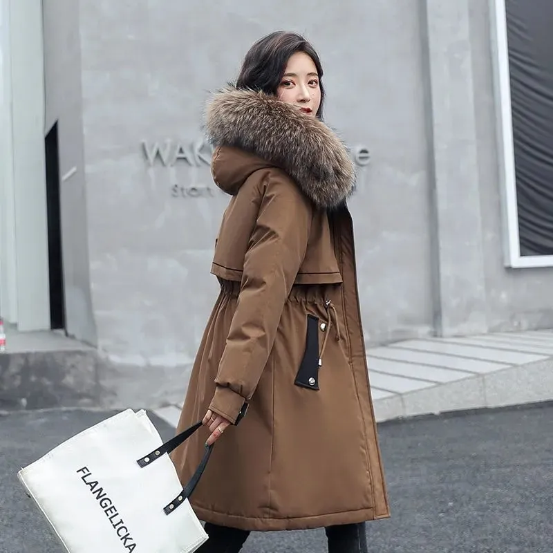 2022 Fleece Thick Women's Parka New Slim Waist Drawstring Big Fur Collar Splicing Outwear Casual Winter Jackets Female Coats Top