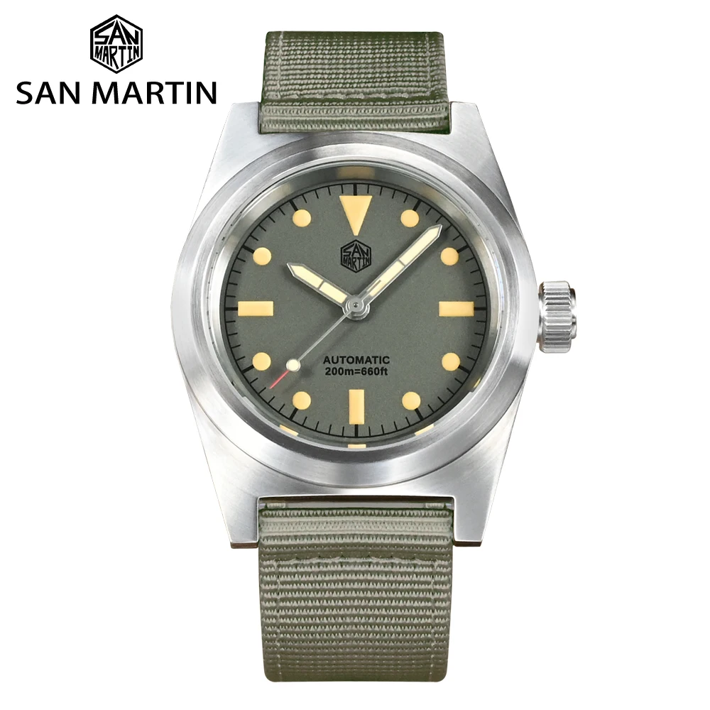 

Часы наручные San Martin Мужские автоматические, винтажные авиаторы в стиле милитари, с нейлоновым ремешком, светящиеся механические 20 бар, YN55