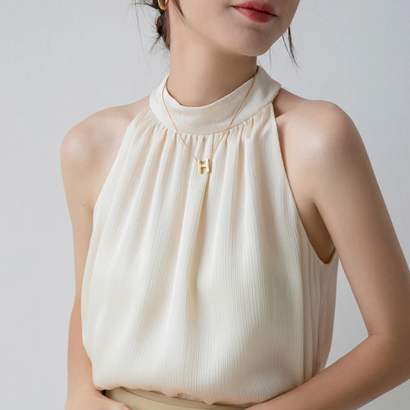 2023 Summer Apricot Backless Tops Fashion Woman Halter Off Shoulder Chiffon Blouses Office Lady Elegant Sleeveless Shirts 26865