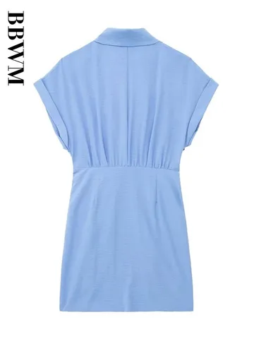 2023 Turn-down Collar Blue Dress Edge Curl Vintage Short Sleeve Female Fold Decoration Slim A-Line Short Dresses Spring Summer