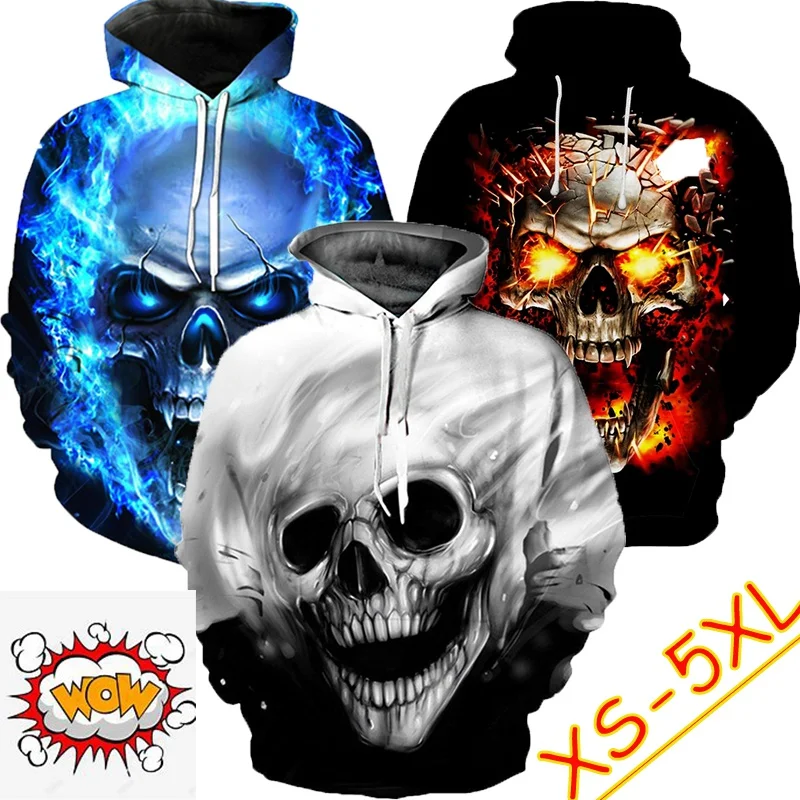 Unisex Fashion Causal Hooded Sweatshirts Popular 3D Printed Hoodie Loose Pullover Sweatshirts Cool Skull Hoodie XXS-6XL