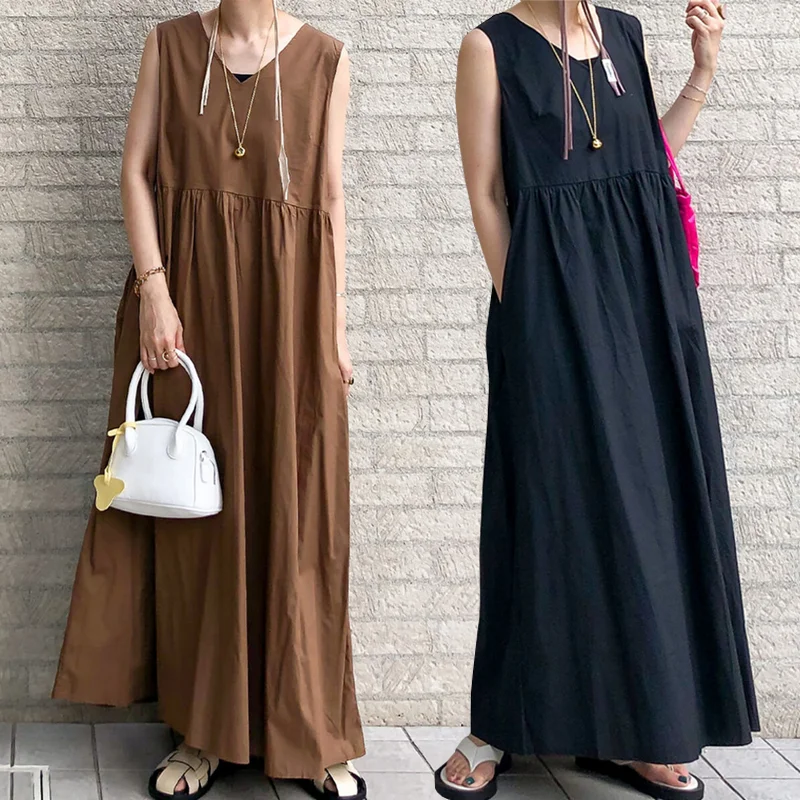Japanese Casual Maxi Dress Women O Neck Sleeveless Sundress Robe Femme Solid Party Tanks Vestidos Fashion 2023 Summer