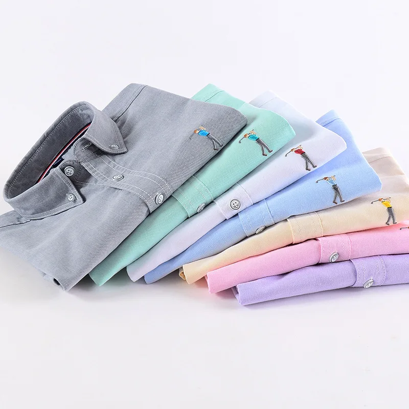 New Summer Short-sleeved Shirt Men's Solid Color Oxford Spinning Casual Embroidery Fashion Slim Shirt Short Men Drop Shipping