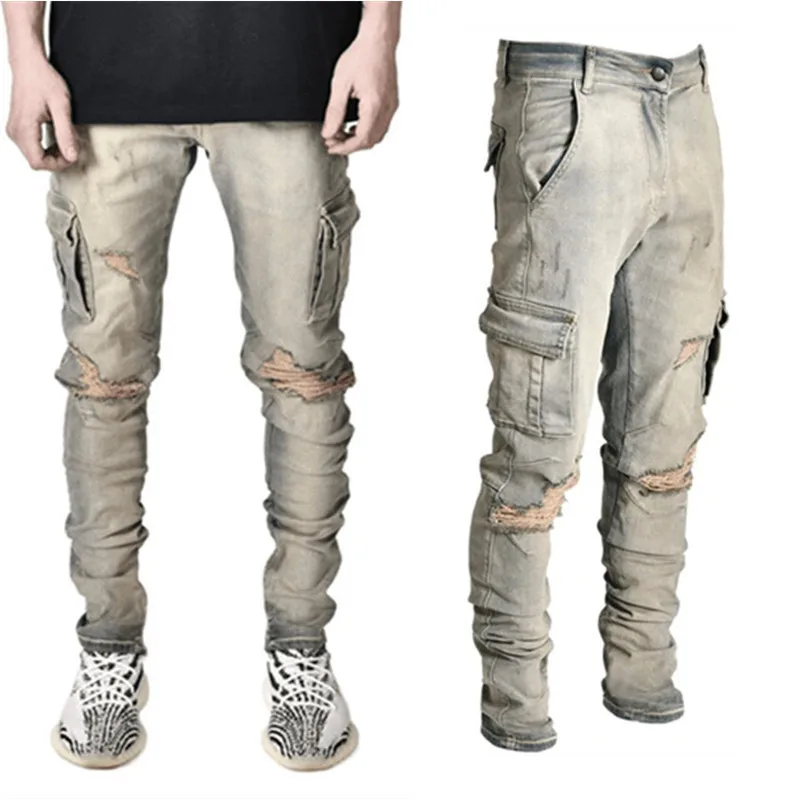 New Men's Jeans Side Pockets Slim Fit Casual Streetwear Men's Jeans Full Length Pencil Pants Denim Trousers