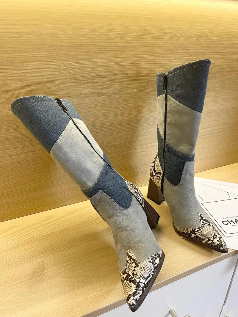 New Pointed Toe Cowboy Boots Women's Thick Heel Slanted Boots All-Match Stitching Color Knight Boots