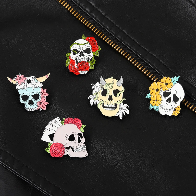 

Flower Bush Skull Enamel Lapel Pin Custom Colorful Punk Gothic Skeleton Brooches Skull Bull Head Badges Jewelry Gift For Friends