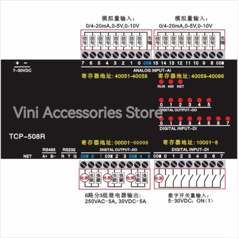 TCP-508R ModbusTCP и RTU Ethernet модуль 16AI аналоговый вход 8DI переключатель 6DO нормально