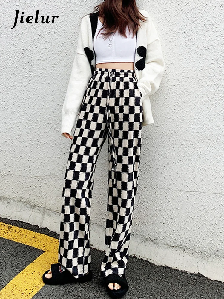 

Korean Style Spring Women Trousers Leisure Loose Black White Wide Leg Long Pants Pockets Straight Plaid Pants Female