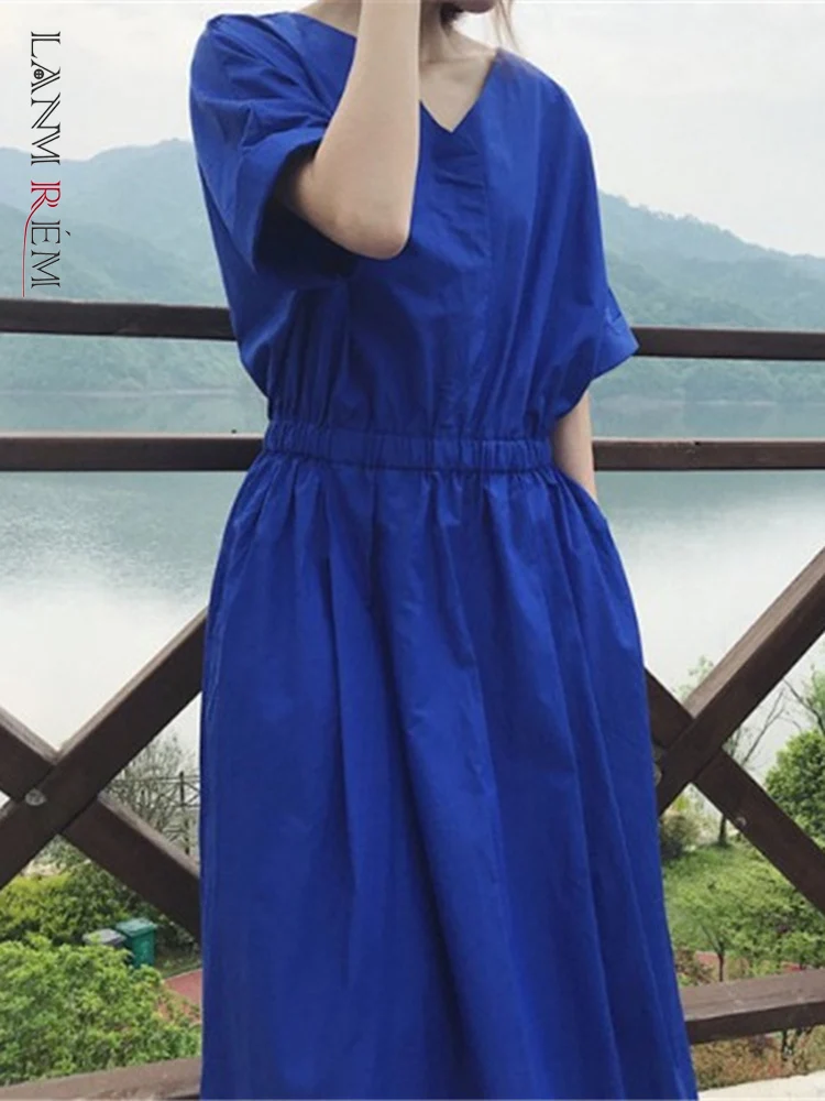 

Женское Повседневное платье LANMREM, синее платье с v-образным вырезом и короткими рукавами, повседневные платья с высокой талией, женская одежда, лето 2023, новинка 2R3636