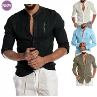 new mens casual shirts solid color fitness linen slim fit long sleeve stand collar cardigan loose mens beach shirt
