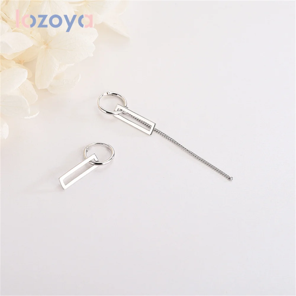 

Lozoya 925 Sterling Silver Women's Earrings Asymmetric Rectangular Piercing Fashion Fine Chain Zircon Oorbellen Luxury Jewelry