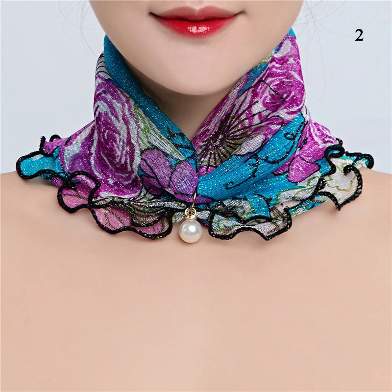 

New Neck Collar Print Shiny Variety Loop Scarf Ruffle Lace Scarf Pearl Pendant Fashion Organza Chiffon Scarves Bandana Headband