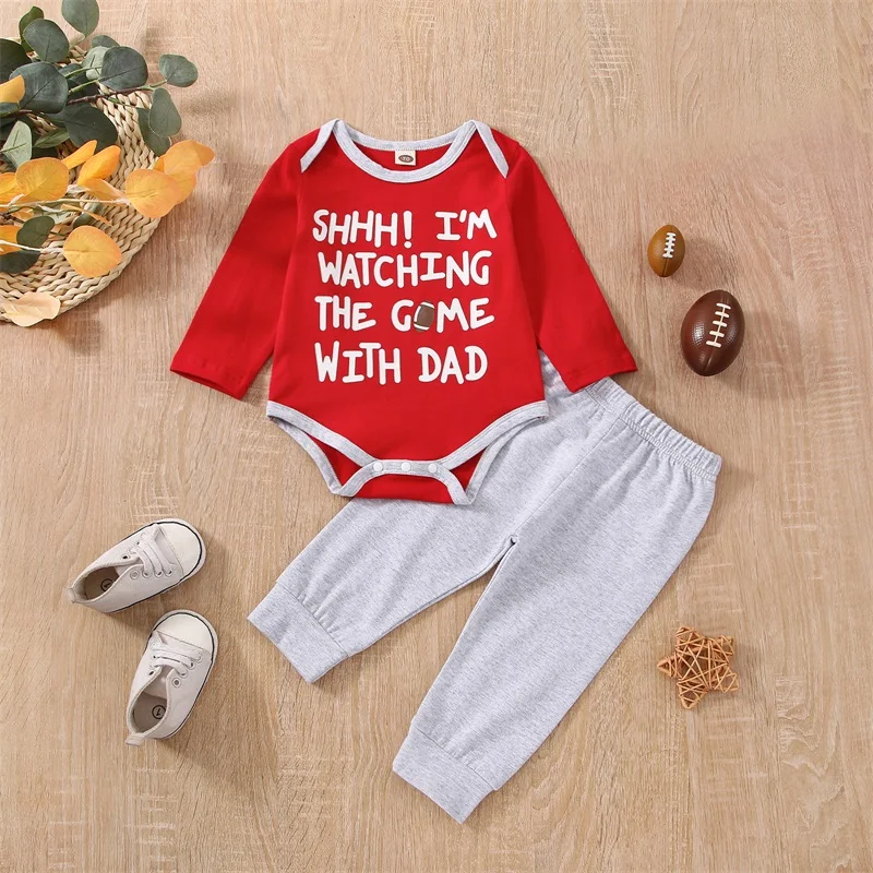 

2023 Xmas Christmas New Year Party Suits Girls Boys 2 Pieces Outfit Letter Print Long Sleeve Romper Solid Pants Baby's Sets