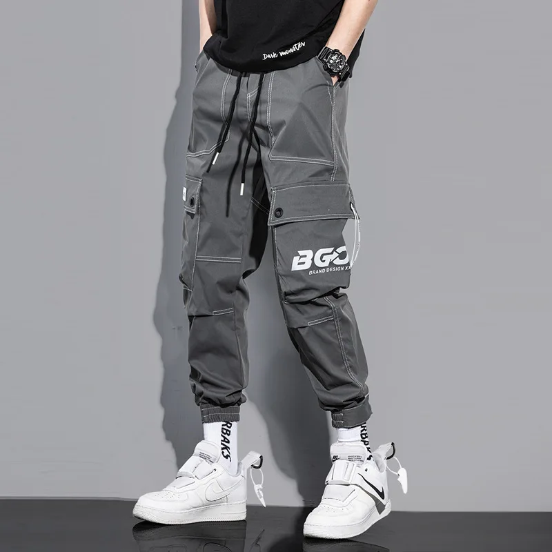 

New Loose Multiple Pockets Trousers Mens Hip-Pop Fashion Overalls Casual Cropped Cargo To Tie Feet Tooling Pants