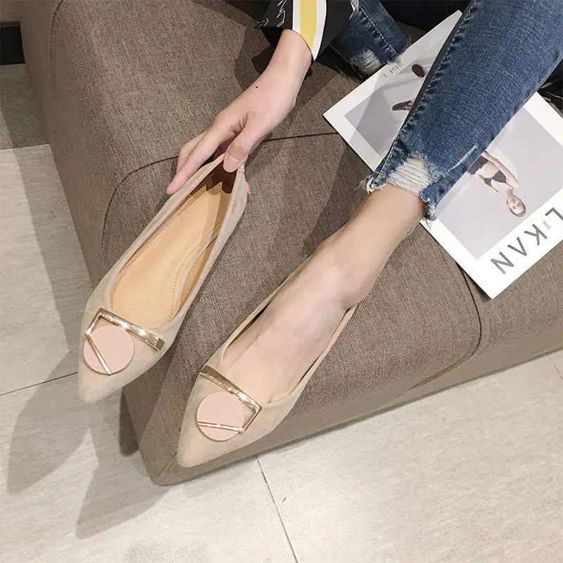 

Shoes For WomenSpring Flats Pointed Toe Soild Ladies Single Shoes Metal Button Shallow Loafers Designer Brand Luxury Women Shoes