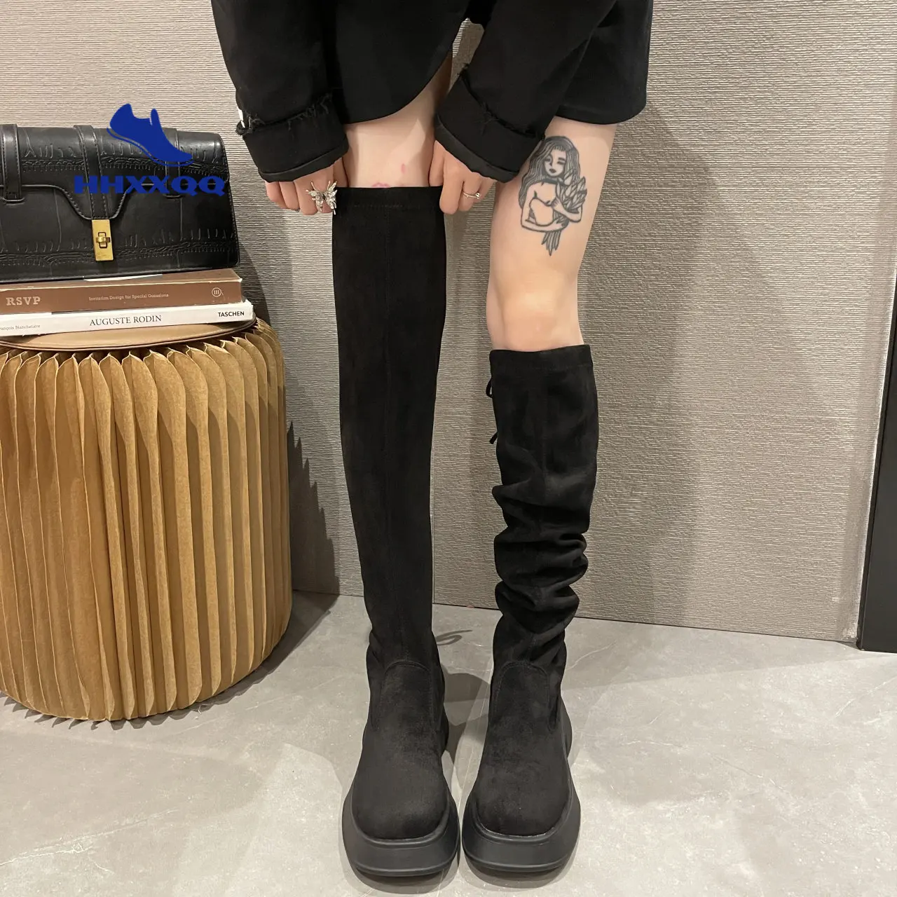 

Женские Высокие ботфорты на платформе, облегающие сапоги выше колена на массивном каблуке, вечерняя Обувь, готическая обувь