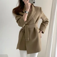 new 2020 autumn winter women blazers woolen coats jacket outerwear thicken warm lace up office lady slim lapel overcoat khaki