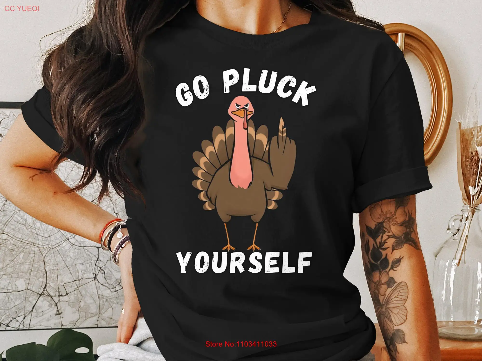 Funny Thanksgiving T Shirt Go Pluck Yourself Flipping The Bird Offensive Turkey Friends long or short sleeves