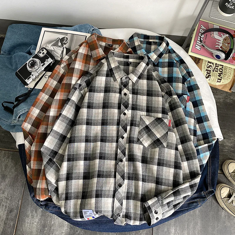 

High Quality Plaid Shirt Men Cotton Long Sleeve Loose Harajuku Streetwear Lannel Vintage Shirts Korean Casual Retro Blouses Man