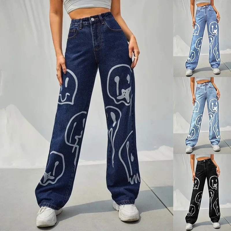 

Spring Autum Fashion Ins Street Hip-hop Printing Wash Jeans Loose Casual Denim Wide Leg Pants Tide Woman Long Trousers