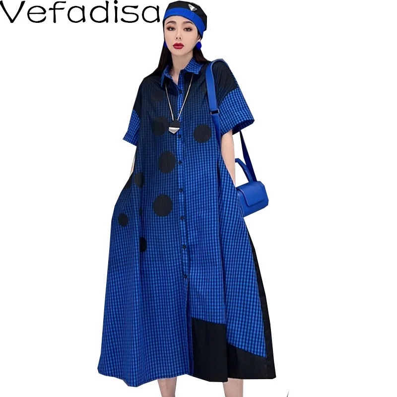 

Vefadisa The New Large Size Dress Woman 2023 Summer Mid-length Fashion Leisure Lattice Polka Dots Pattern Gradient Dress LHX185