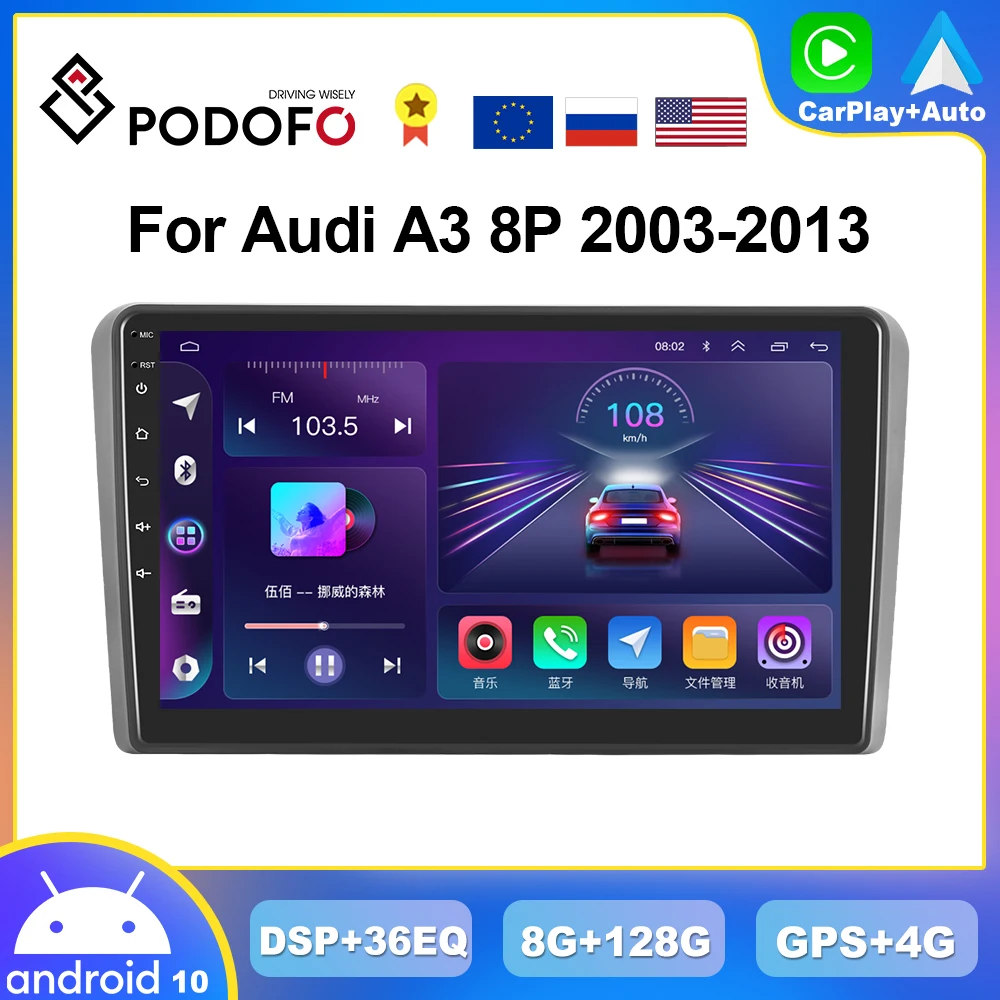 Автомагнитола Podofo для Audi A3 8P 128-2003, мультимедийный проигрыватель на Android, 2DIN, 4G, GPS-навигация, Hi-Fi стерео, 8 ГБ + 2013 ГБ