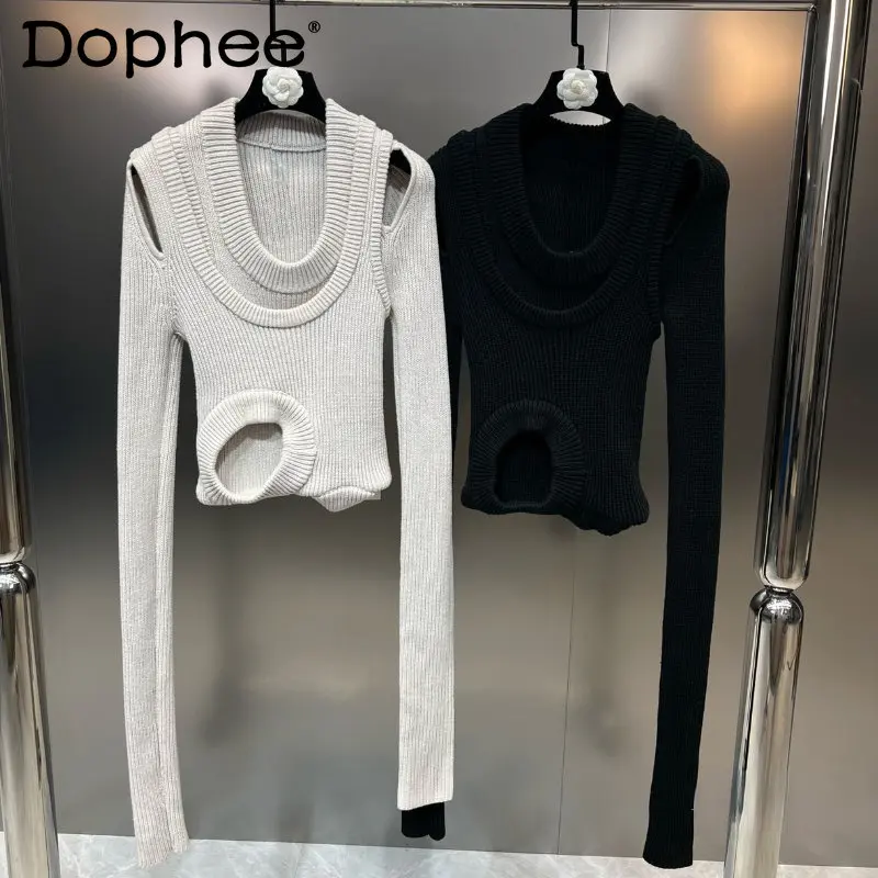 2022 Autumn and Winter Women's New Designer Sweater Large Round Neck Long Sleeves Hollow Multiple Wear Street Fashion Sweaters