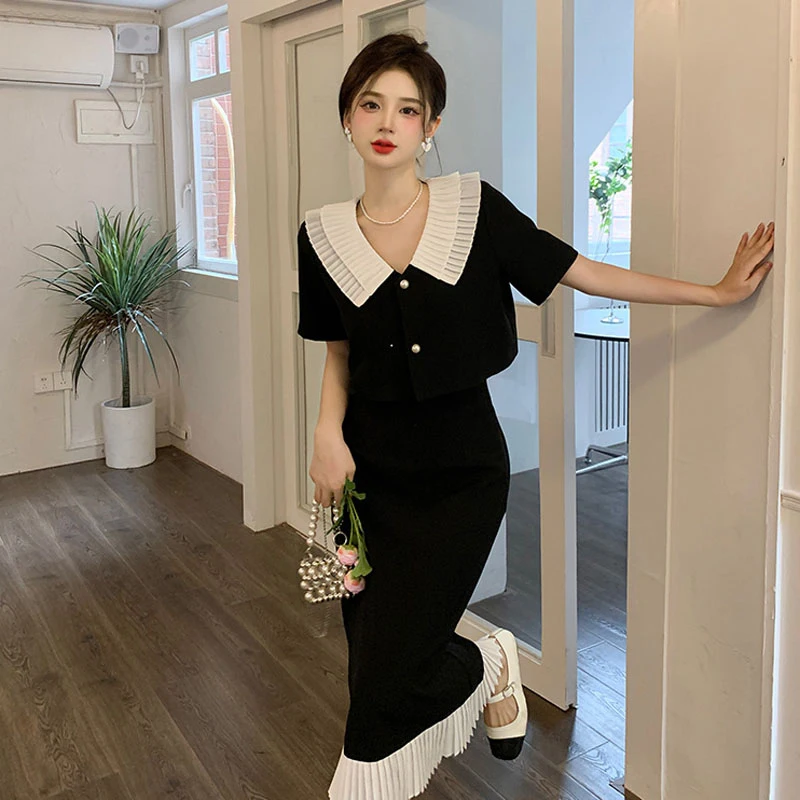 

Office Lady Dress Women 2 Piece Set Elegant Shirts Tops Vintage Skirt Casual Female Summer Suits Outfits New Korean Fashion 2022