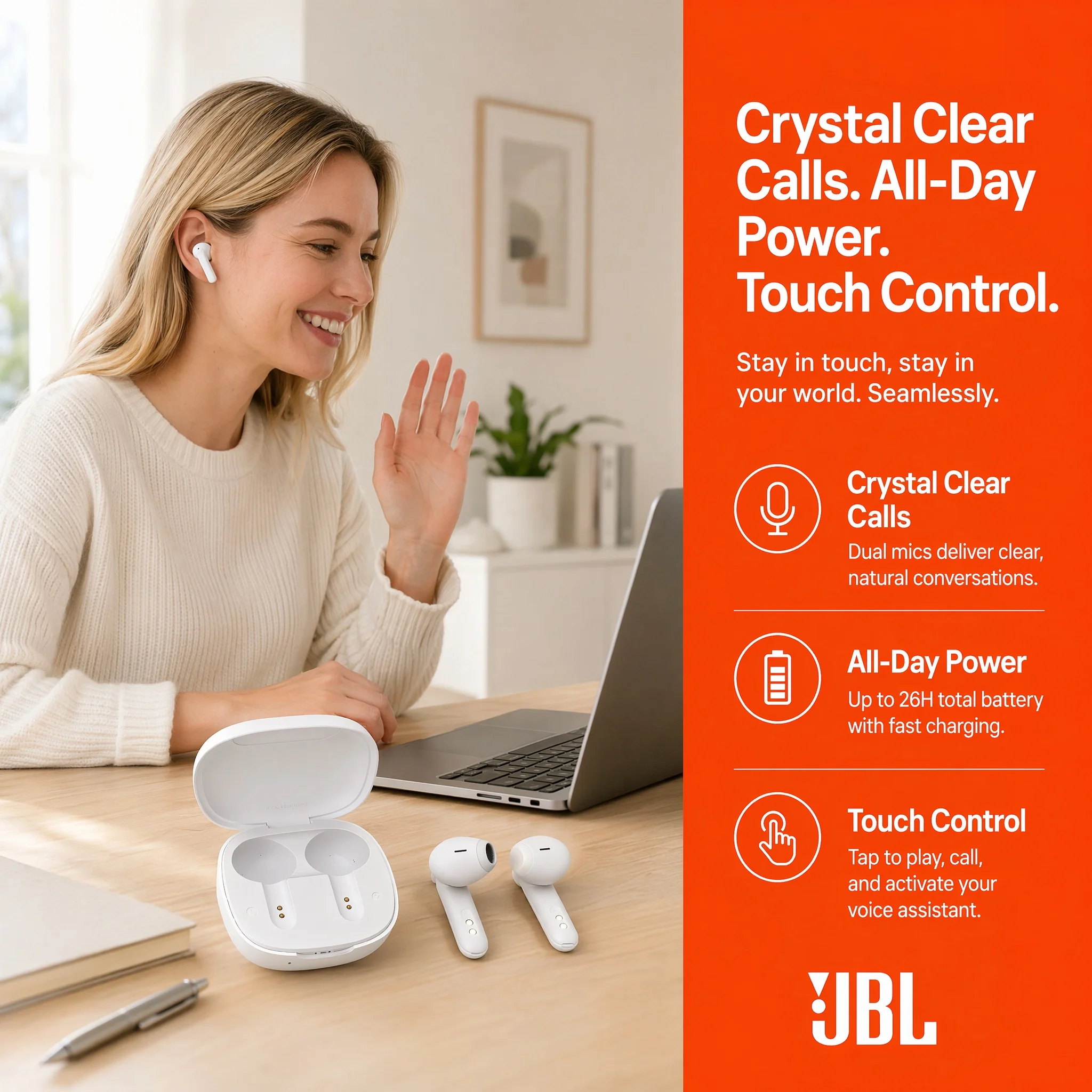 Фото Беспроводные Bluetooth-наушники JBL Wave 300 TWS с глубоким басом для спорта и музыки, настоящие беспроводные наушники JBL W300 с микрофоном №4