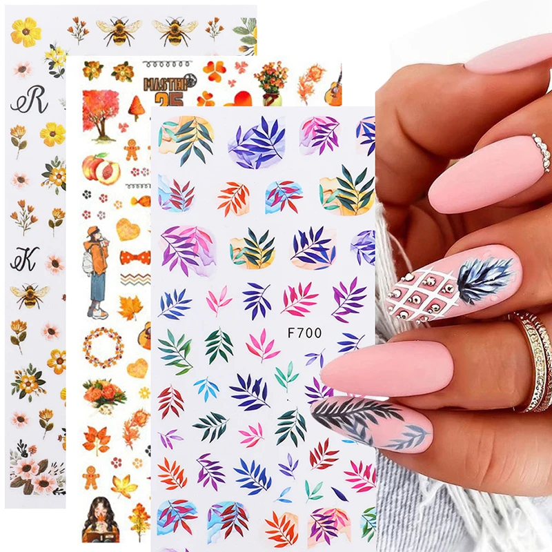 

Transfer Nail Sliders Self-Adhesive Nail Designs Nail Art Decals Nail Stickers 3D Bee Floral Colorful Leaves Nail Art Sticker
